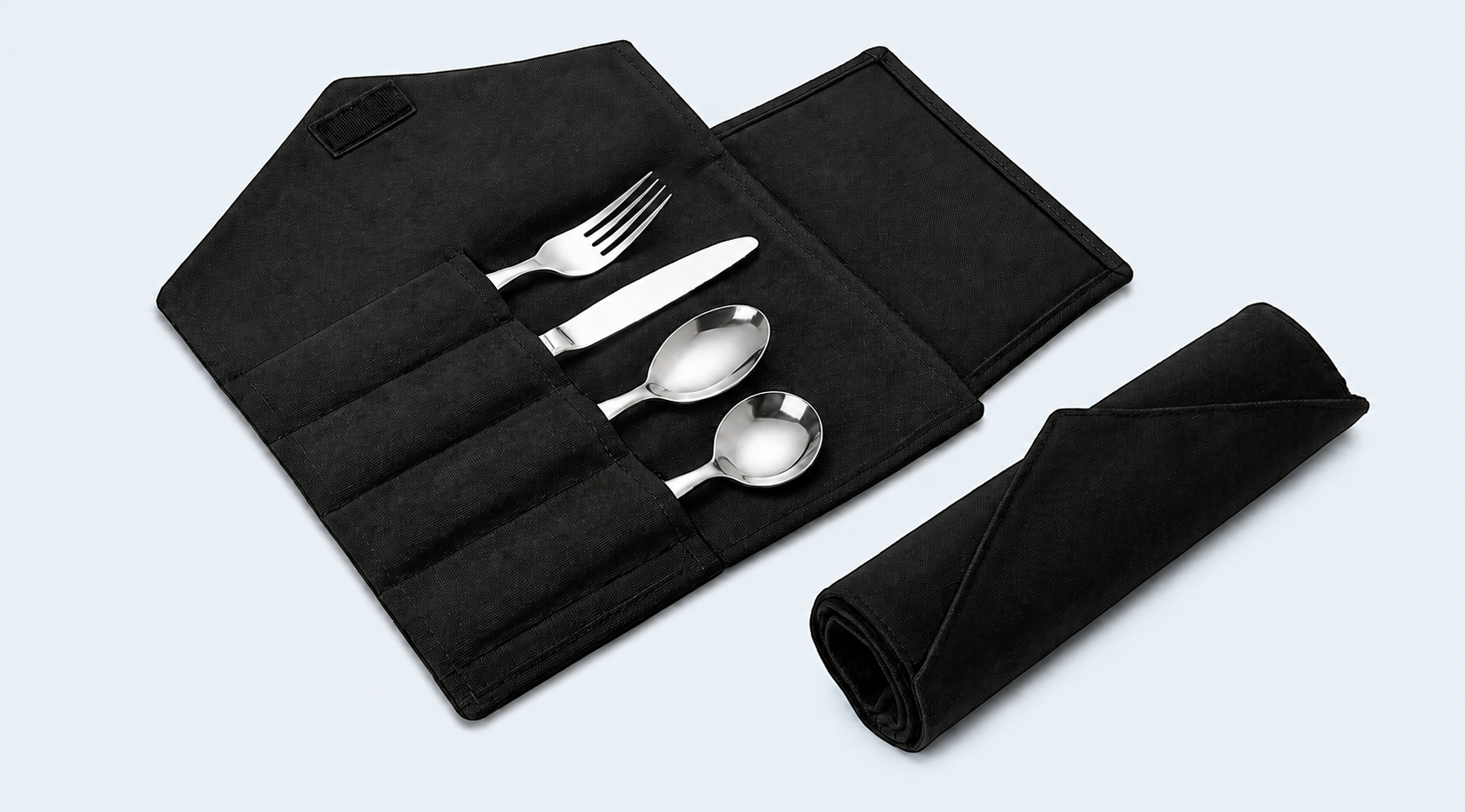 Open black travel wrap holding four utensils beside the same wrap rolled closed, aligned in the same direction.